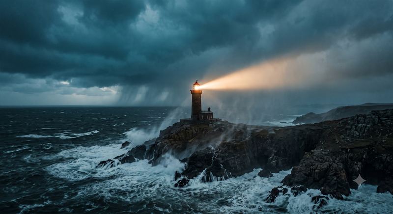 A lighthouse holding its beam over a storm-struck coast.