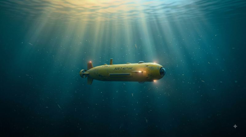 An underwater vehicle holding steady in shafts of light.