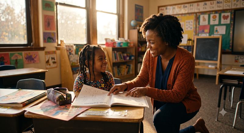 A teacher kneels beside a student, reading together at her desk.